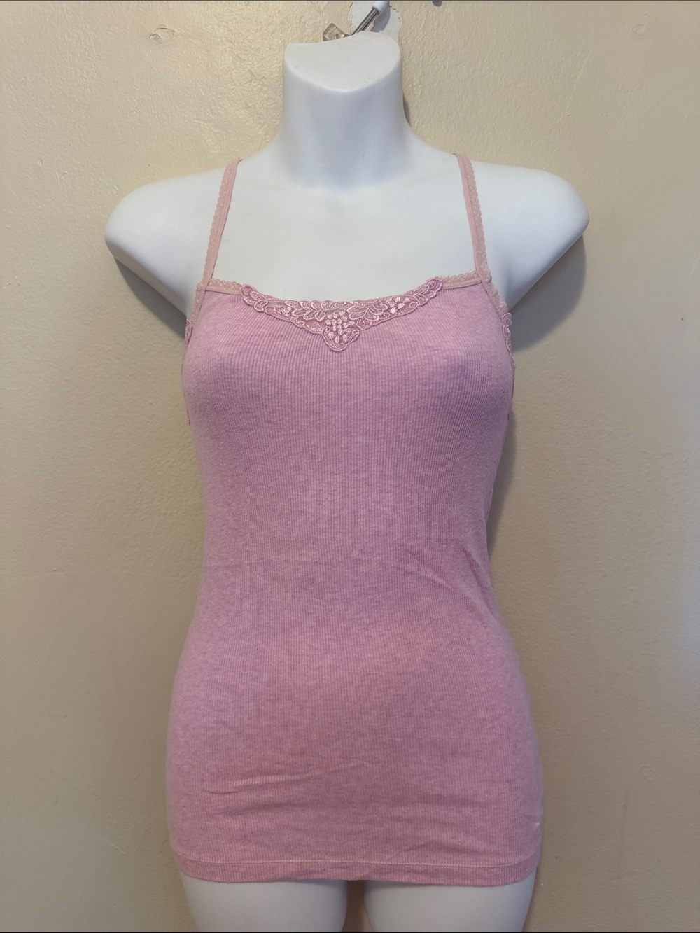 American Eagle Outfitters Pink Ribbed Lace Trim Cami